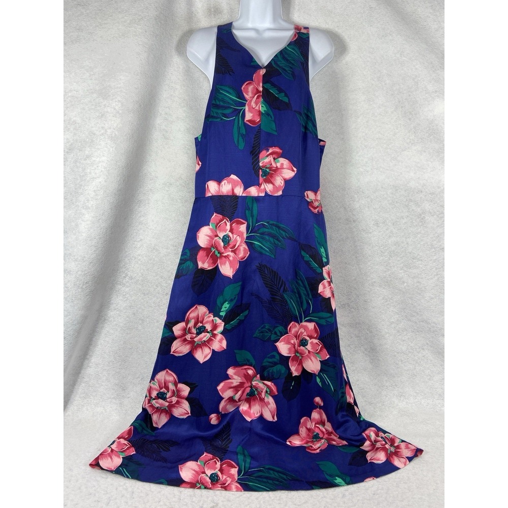Banana Republic Maxi Dress Women's 16 Blue Shift Sleeveless Floral Linen Blend